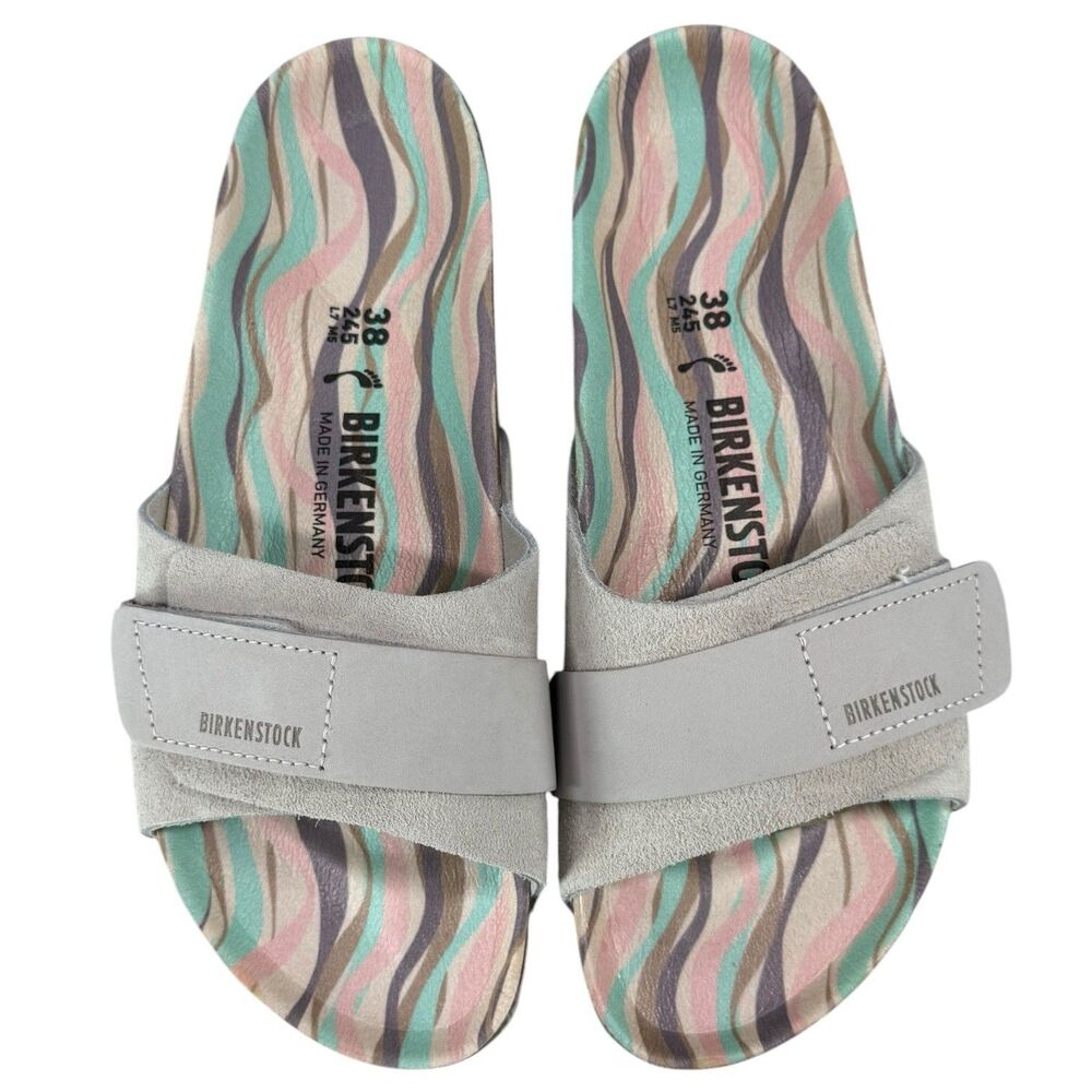BIRKENSTOCK OITA Printed Footbed Suede Slides Leather Sandals Antique White 38